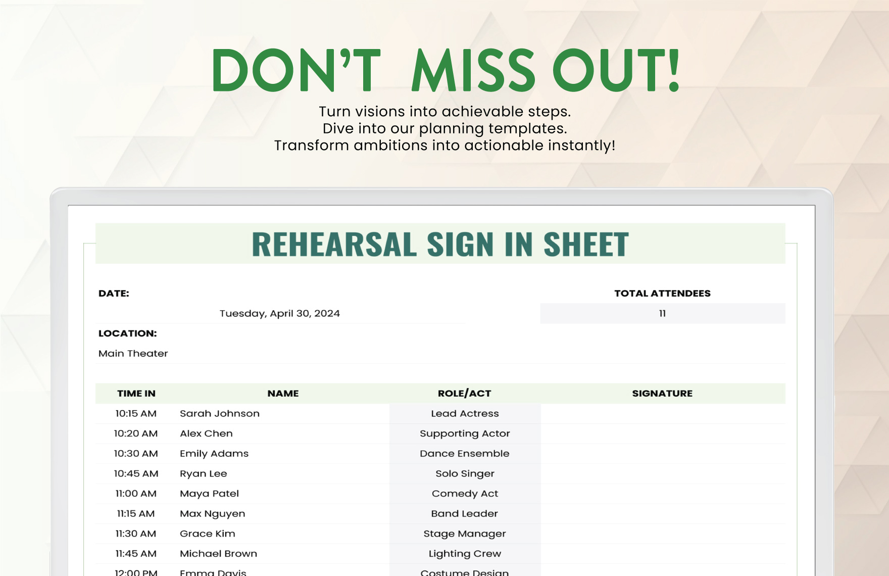 Rehearsal Sign in Sheet Template