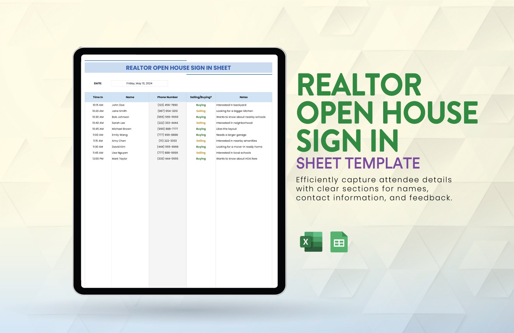 Realtor Open House Sign in Sheet Template in Excel, Google Sheets
