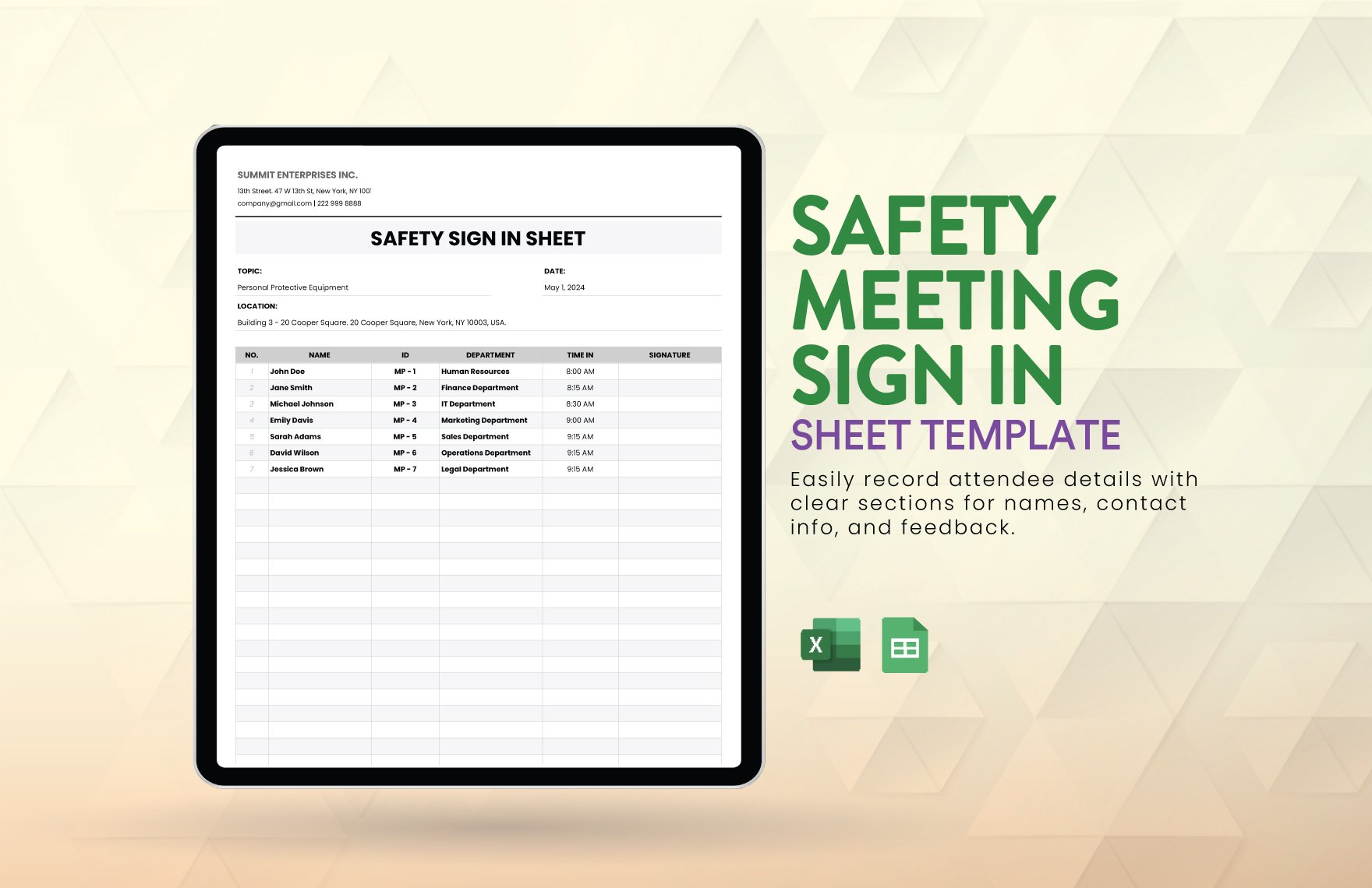 Safety Meeting Sign in Sheet Template in Excel, Google Sheets