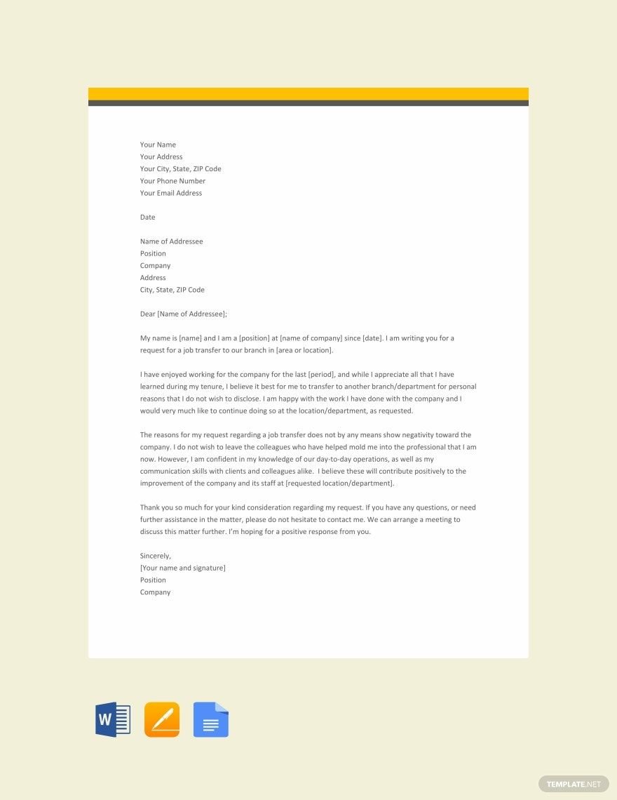 Job Transfer Request Letter for Personal Reason Format