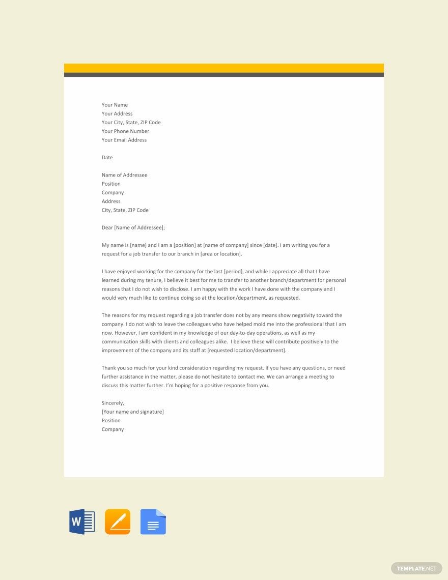 Job Transfer Request Letter for Personal Reason Format Template