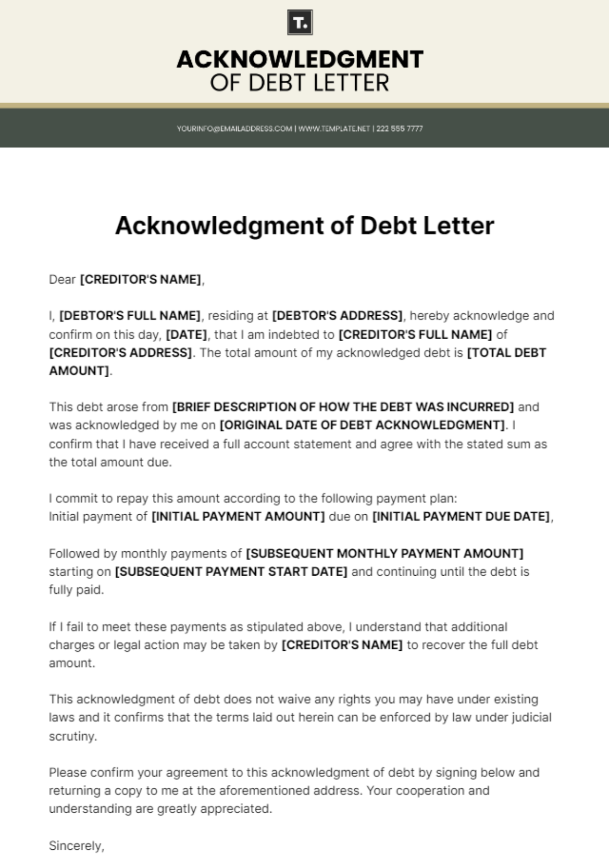 Acknowledgment Of Debt Letter Template - Edit Online & Download