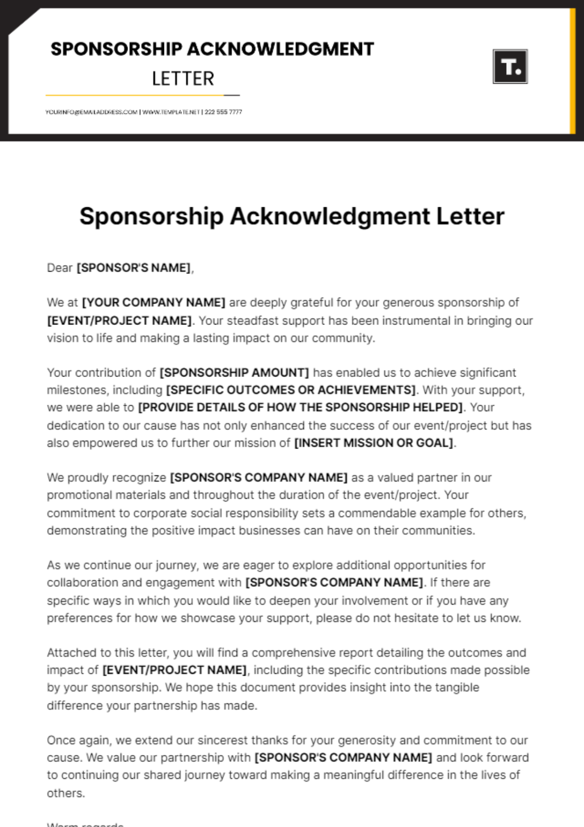 Sponsorship Acknowledgment Letter Template - Edit Online & Download