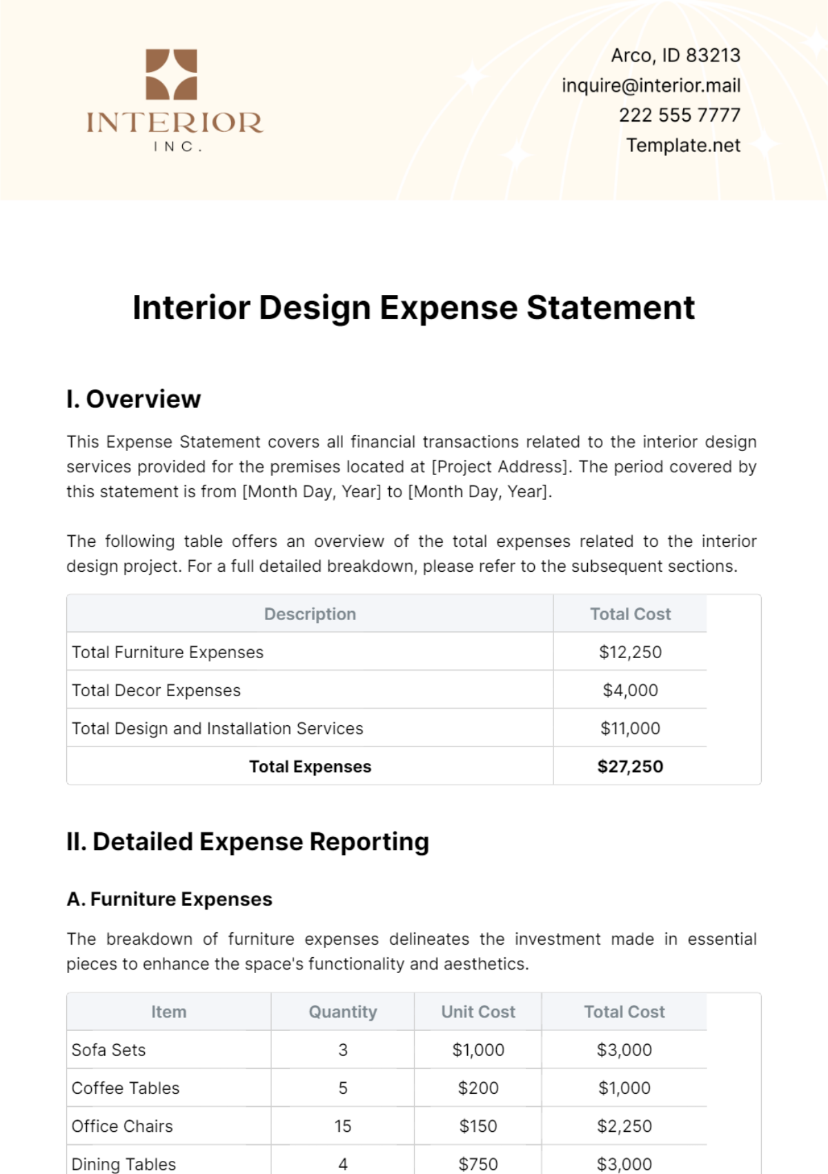 Free Interior Design Expense Statement Template