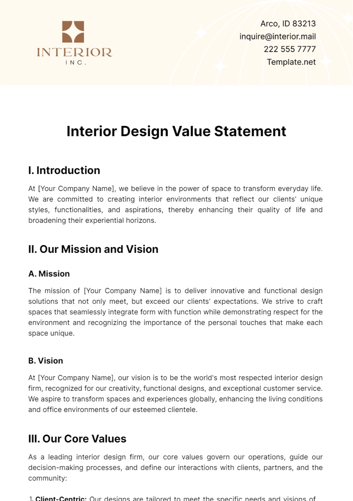 Free Interior Design Value Statement Template