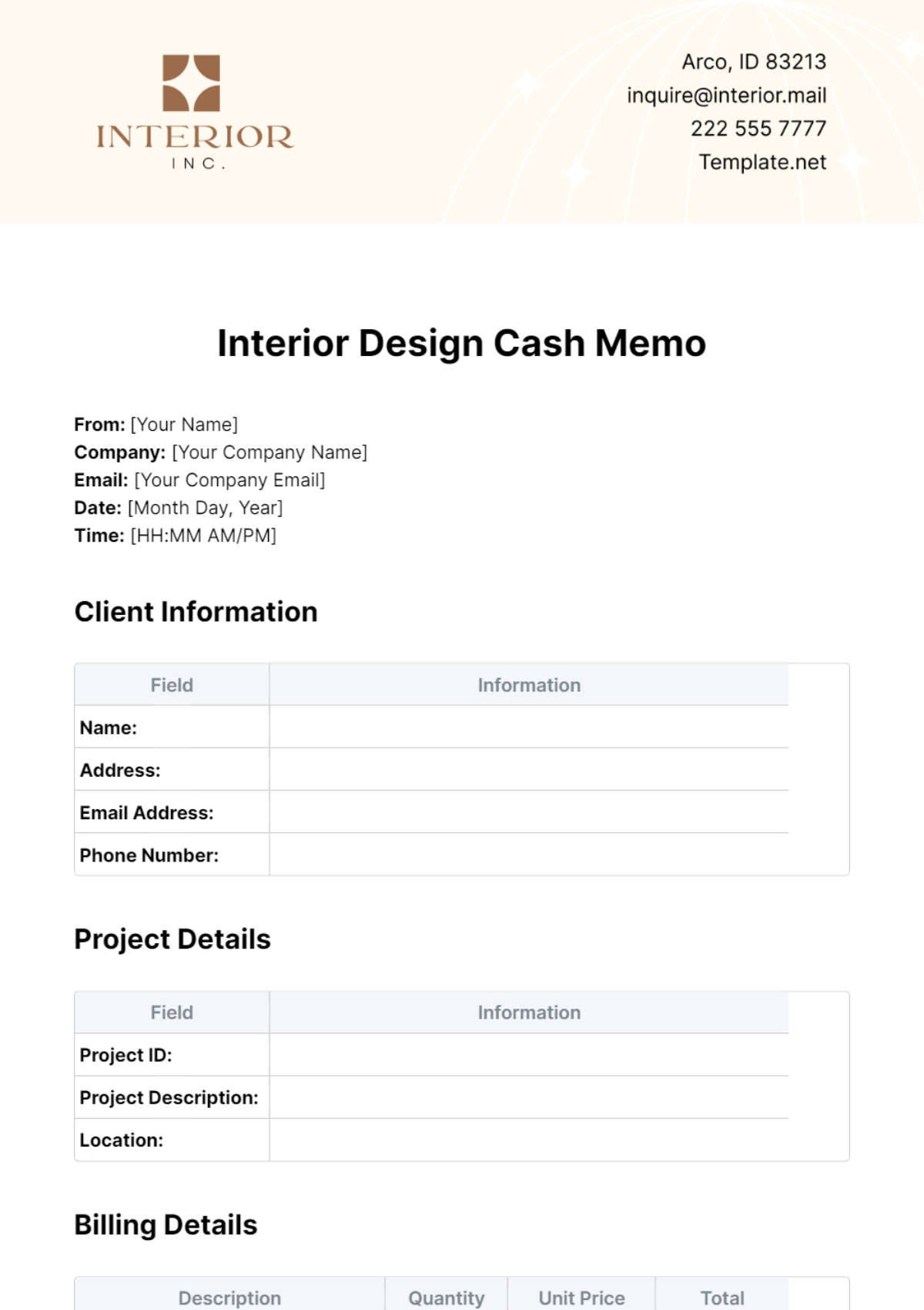 Interior Design Cash Memo Template - Edit Online & Download