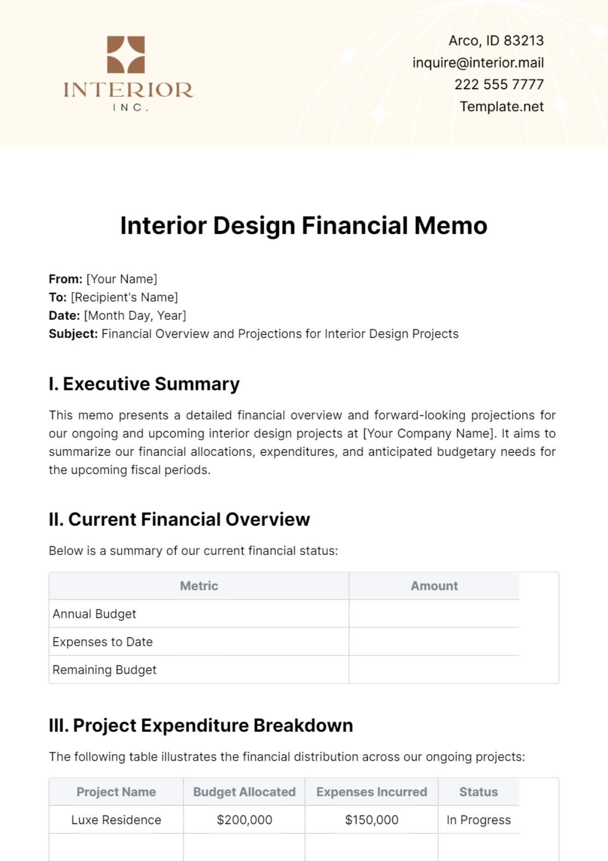 Interior Design Financial Memo Template - Edit Online & Download