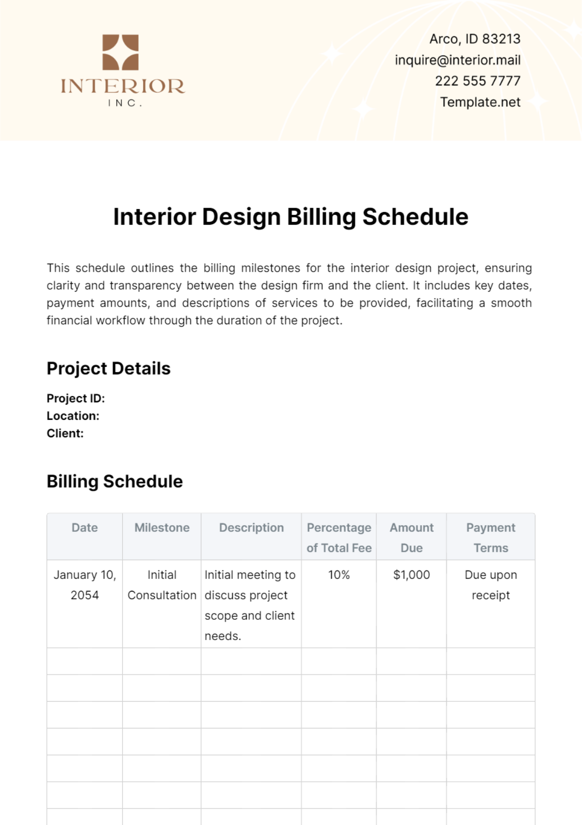 Interior Design Billing Schedule Template - Edit Online & Download