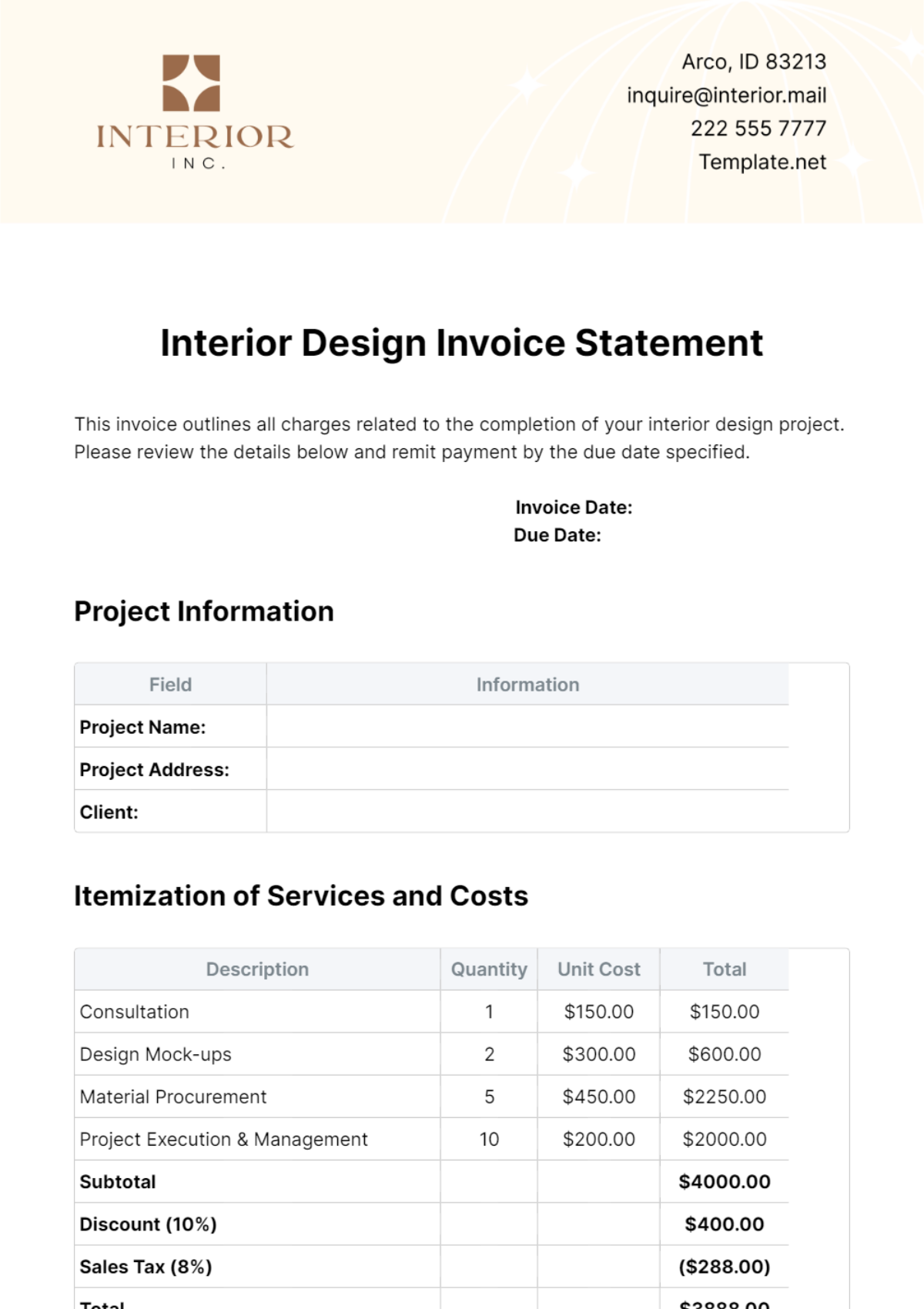 Free Interior Design Invoice Statement Template