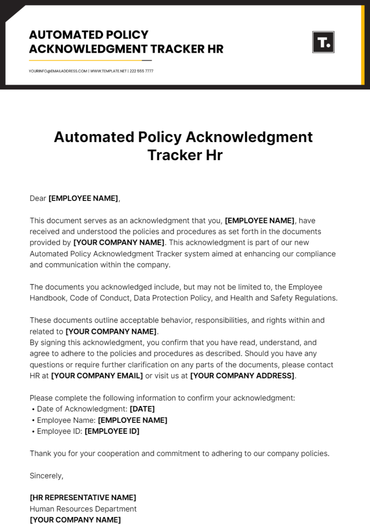 Automated Policy Acknowledgment Tracker Hr Template