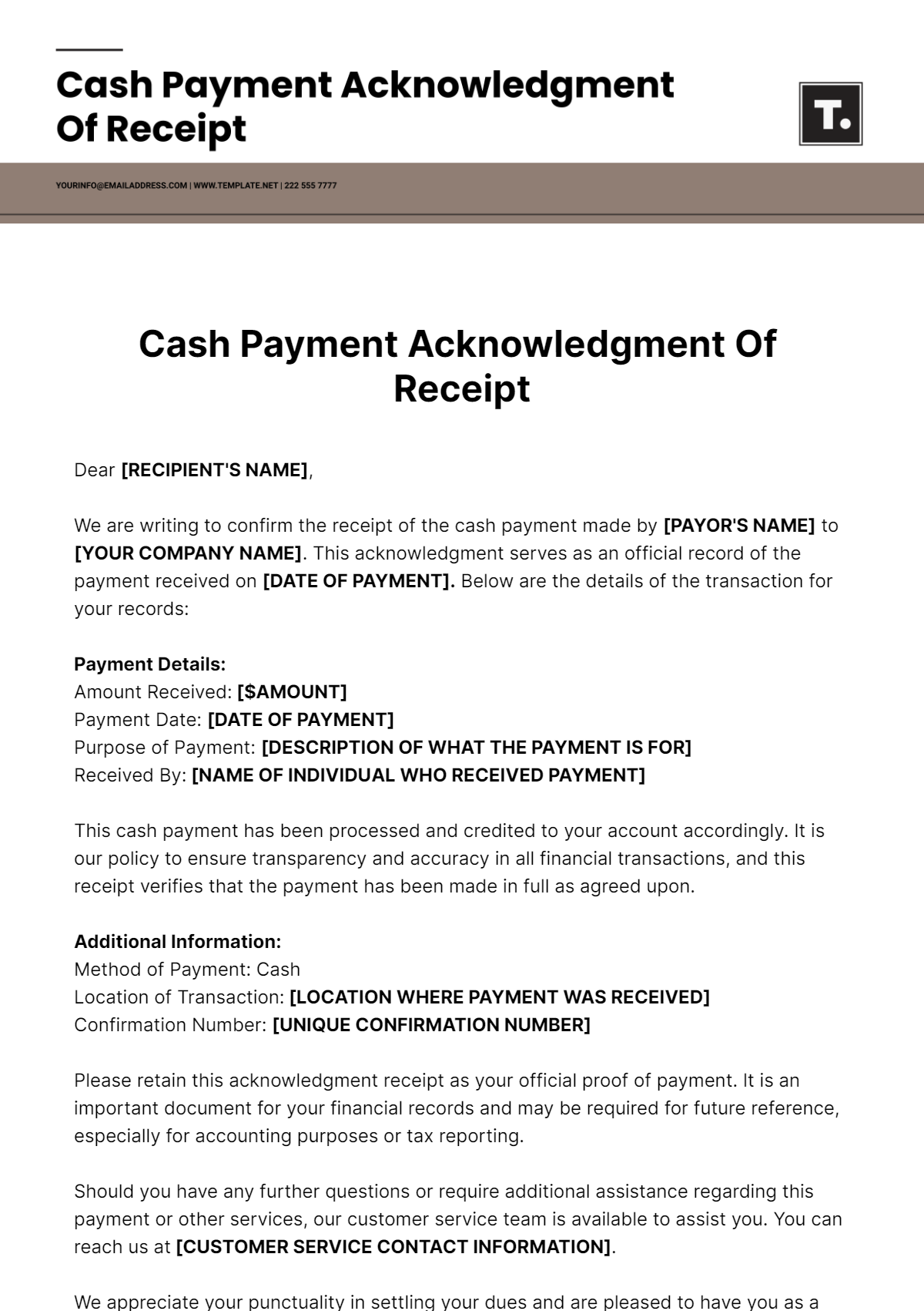 Free Cash Payment Acknowledgment Of Receipt Template to Edit Online