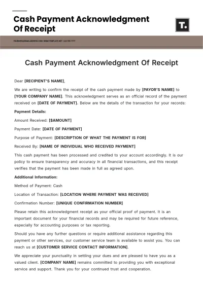 Free Cash Payment Acknowledgment Of Receipt Template