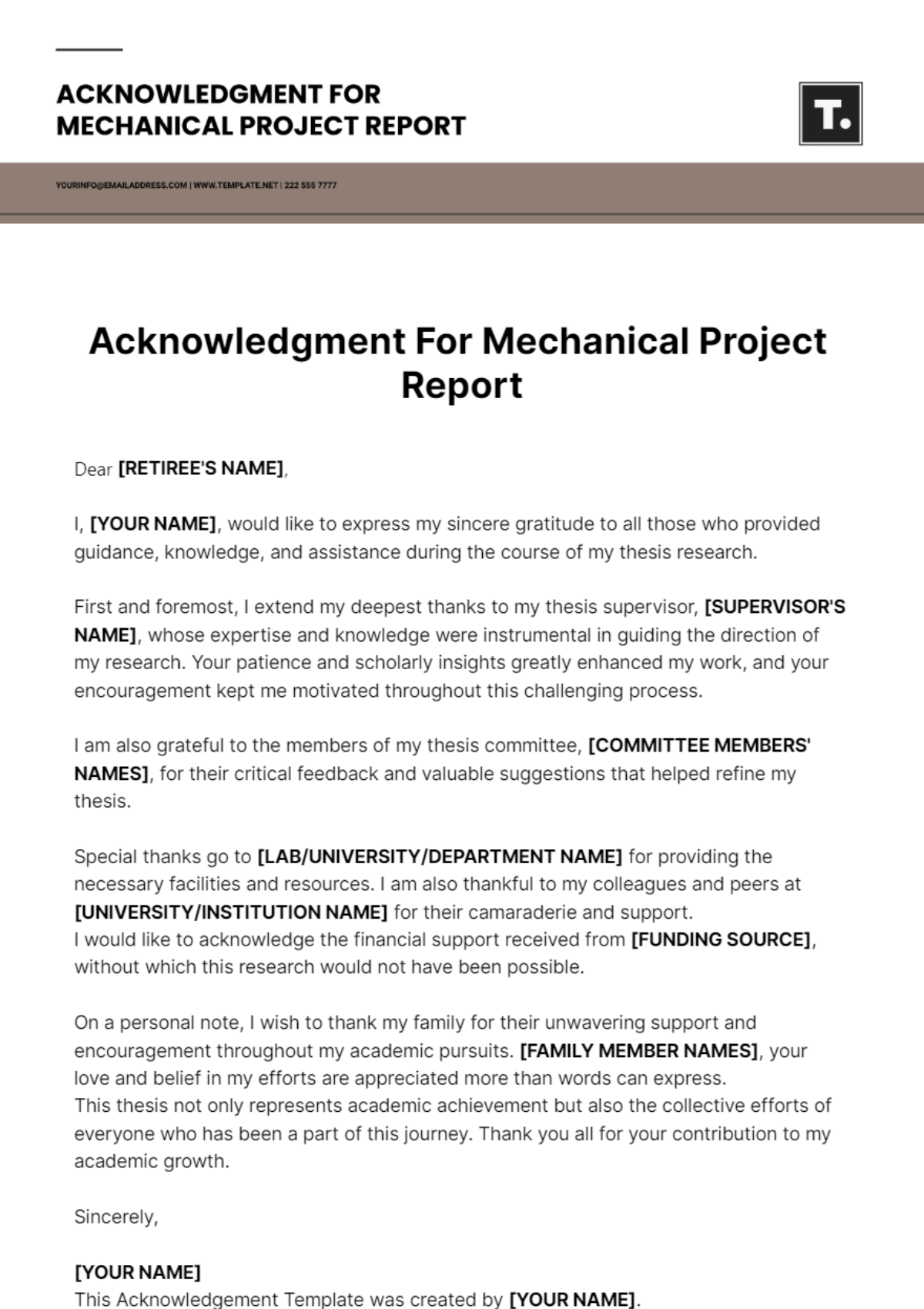 Acknowledgment For Mechanical Project Report Template
