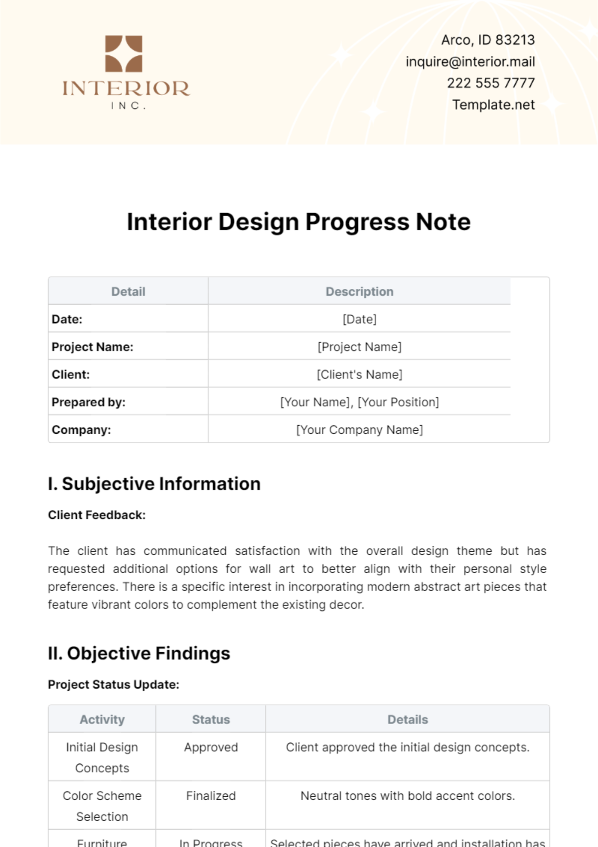 Interior Design Progress Note Template - Edit Online & Download