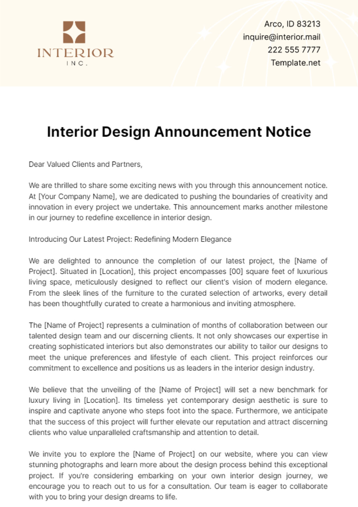 Interior Design Announcement Notice Template - Edit Online & Download