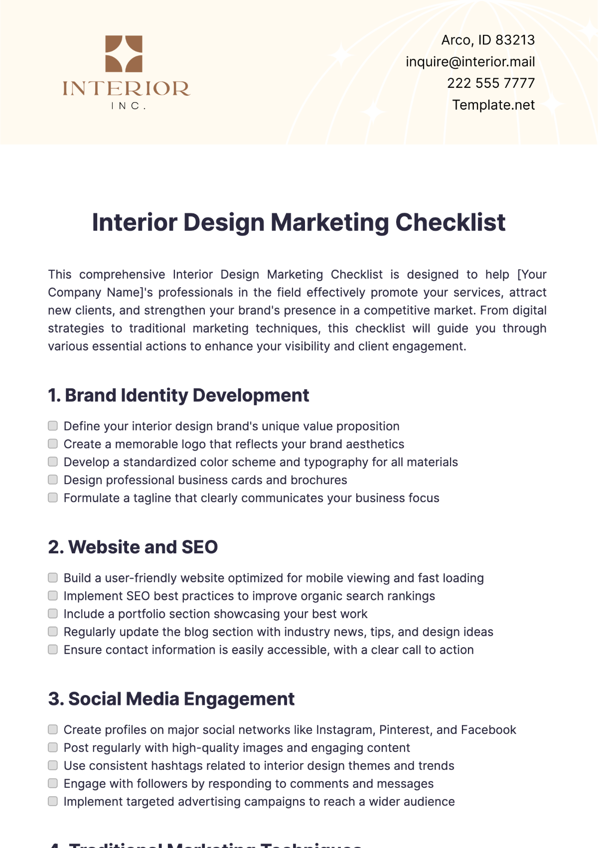 Interior Design Marketing Checklist Template - Edit Online & Download