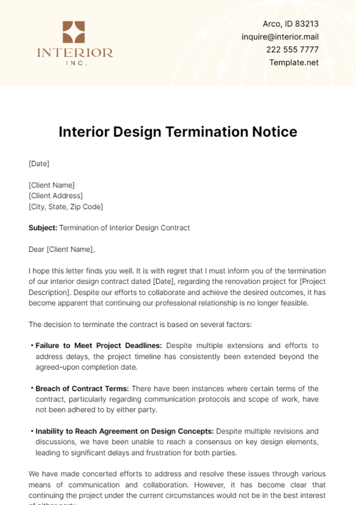 Interior Design Termination Notice Template - Edit Online & Download