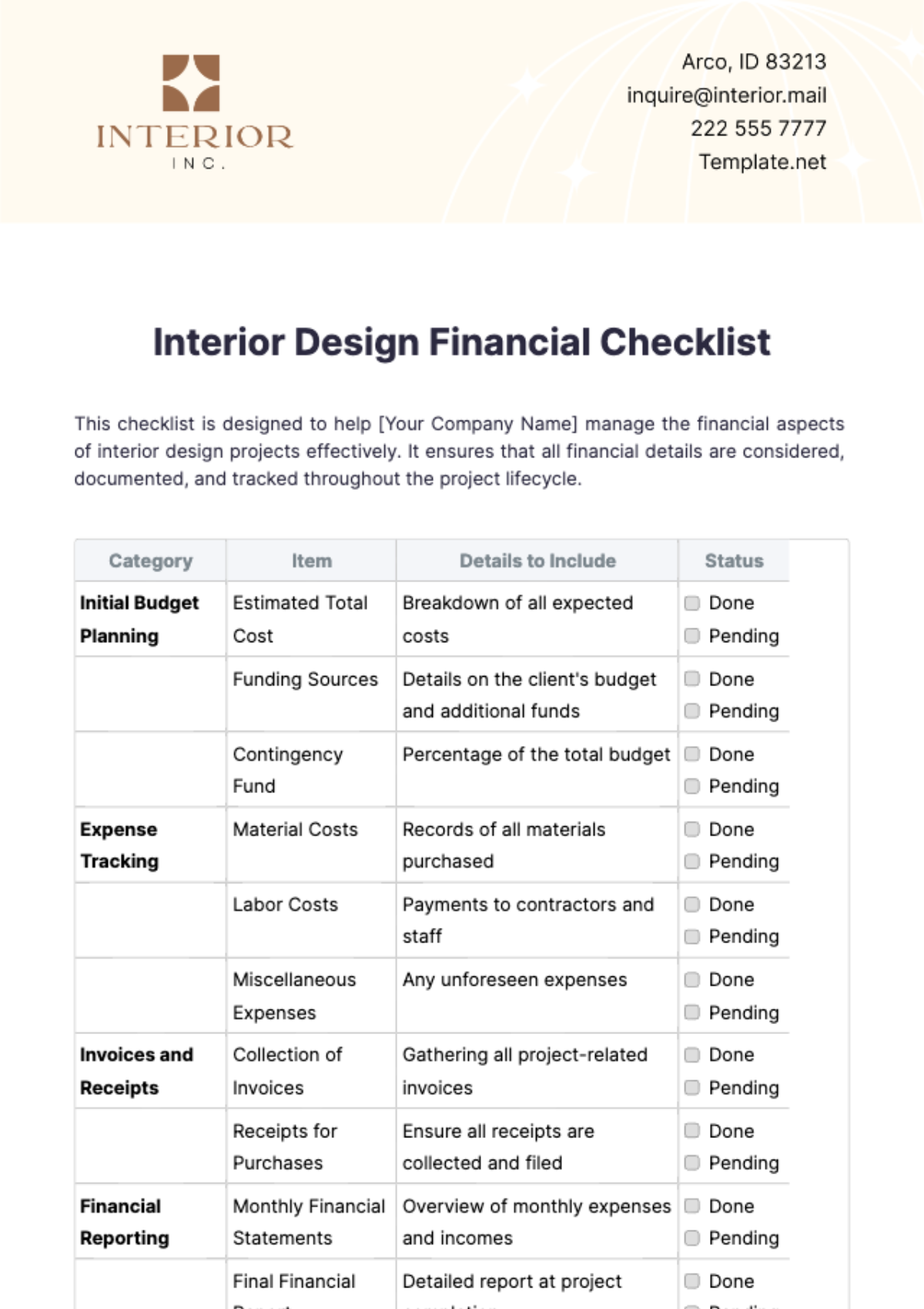 Interior Design Financial Checklist Template - Edit Online & Download