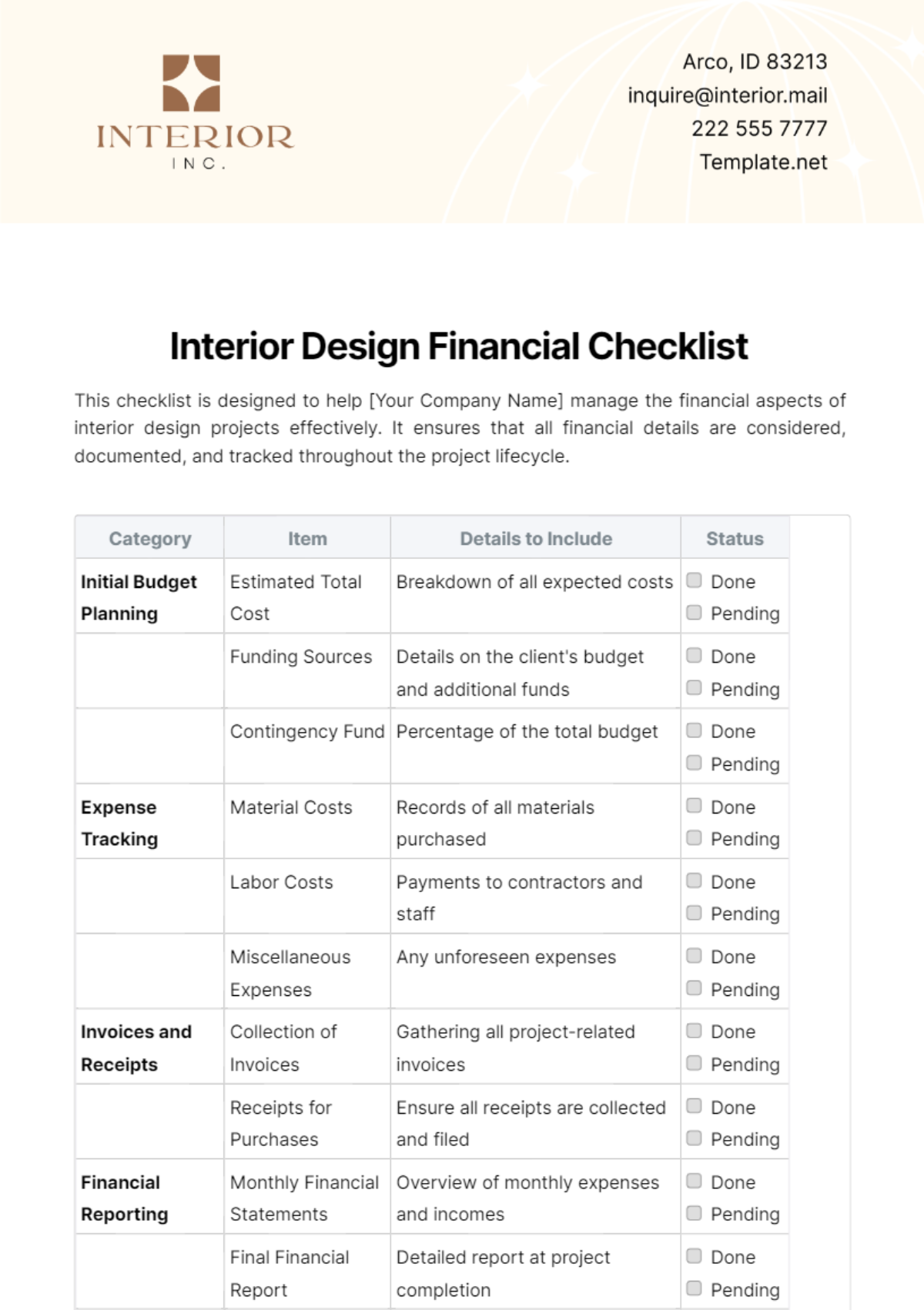 Free Interior Design Financial Checklist Template