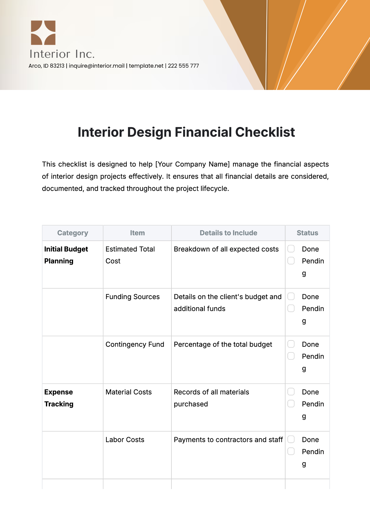 Free Interior Design Financial Checklist Template