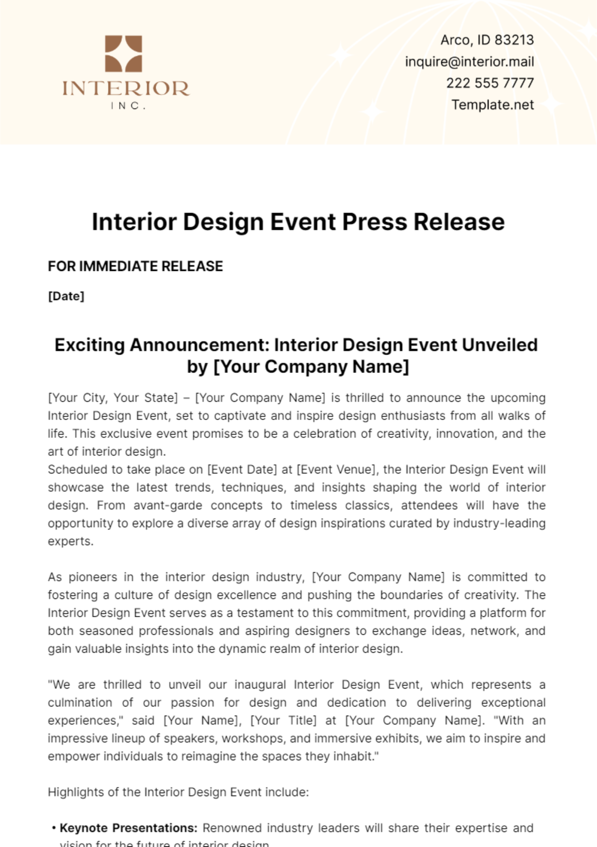 Interior Design Event Press Release Template - Edit Online & Download