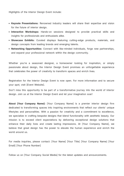 Free Interior Design Event Press Release Template to Edit Online