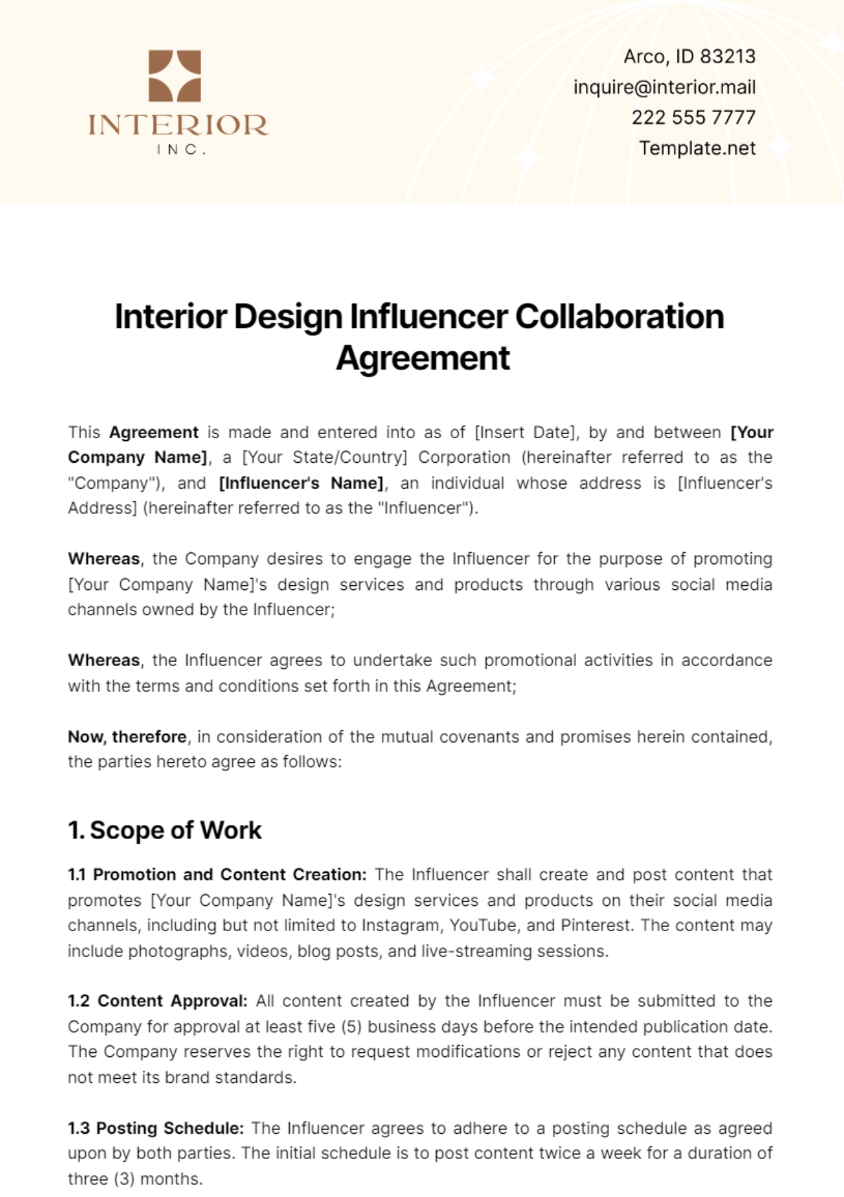 Interior Design Influencer Collaboration Agreement Template - Edit Online & Download