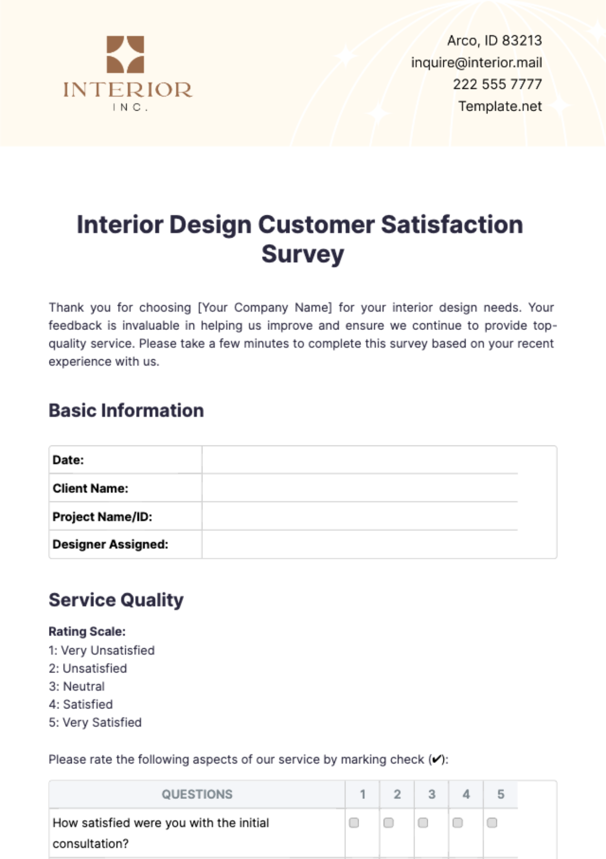 Interior Design Customer Satisfaction Survey Template - Edit Online & Download