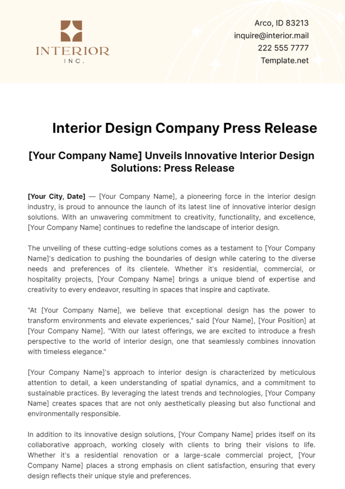 Interior Design Company Press Release Template - Edit Online & Download