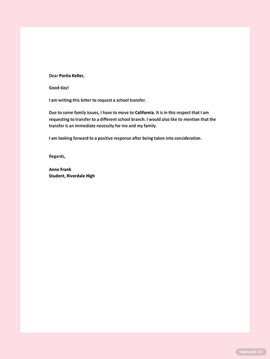 School Transfer Letter from One Branch to Another in Word, Google Docs, PDF