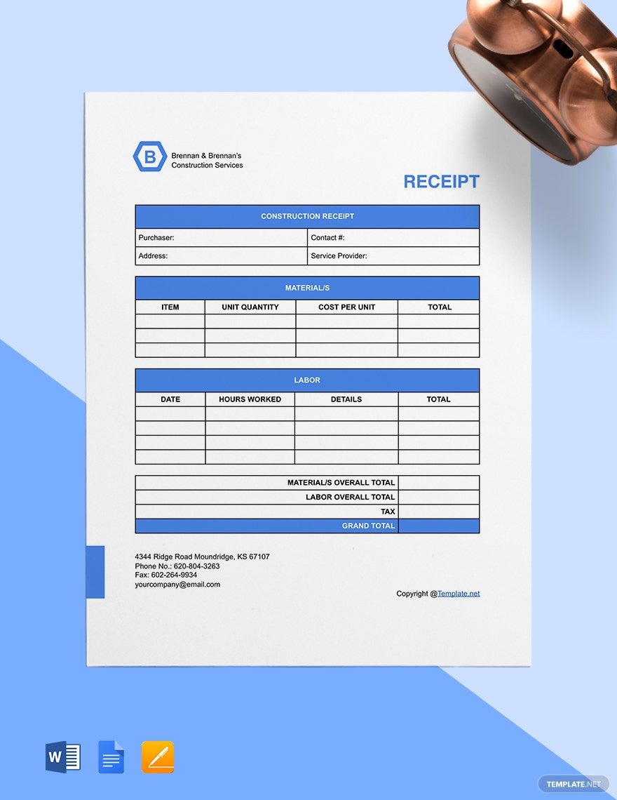 Simple Construction Receipt Template in Google Sheets, Google Docs, Word, Pages - Download | Template.net