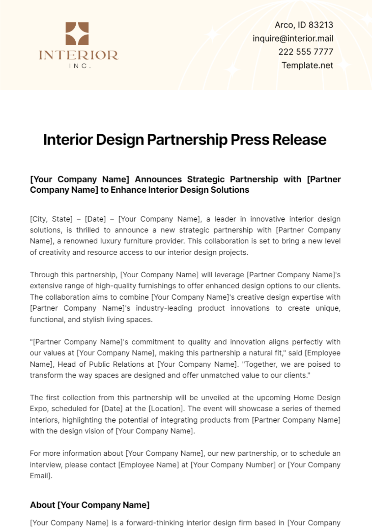 Interior Design Partnership Press Release Template - Edit Online & Download