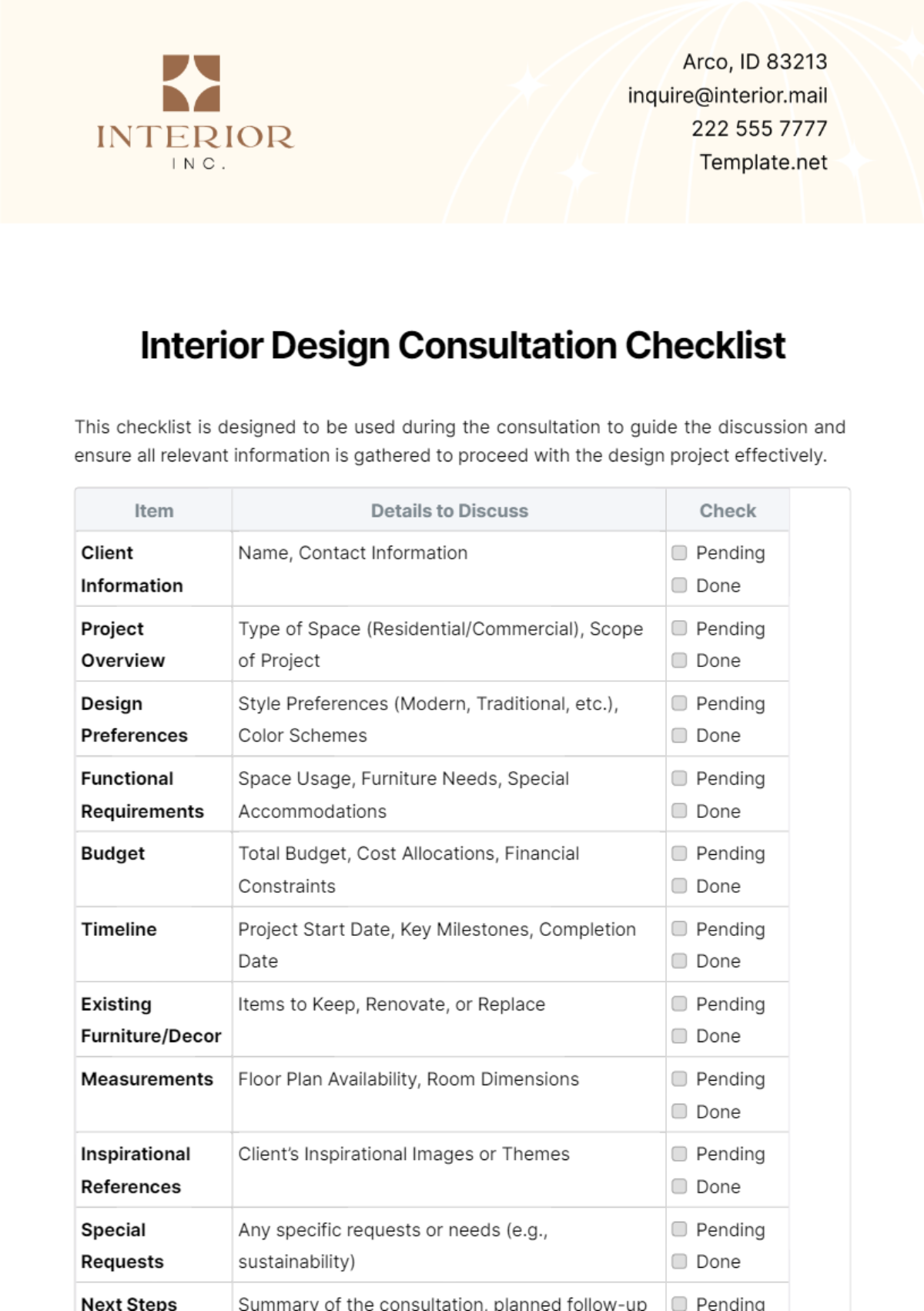 Interior Design Consultation Checklist Template - Edit Online & Download