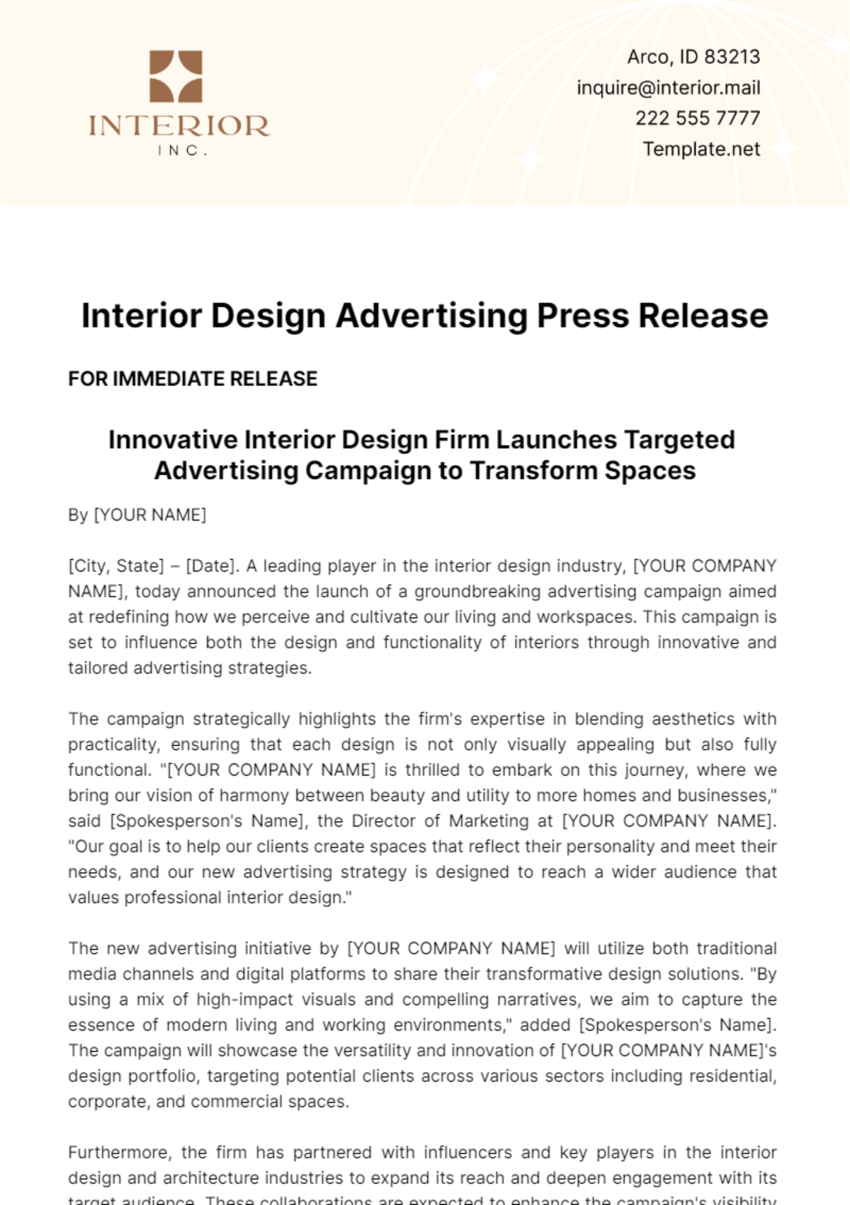 Interior Design Advertising Press Release Template - Edit Online & Download