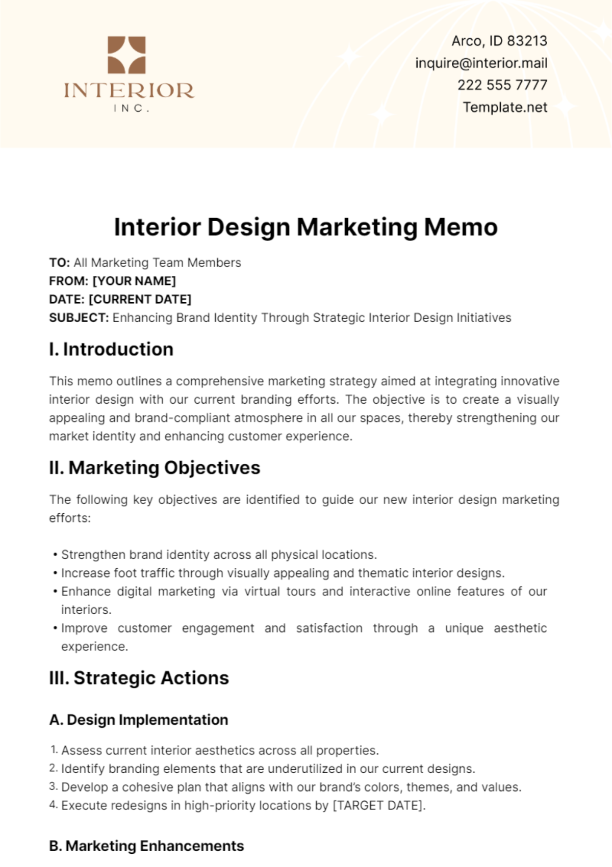 Interior Design Marketing Memo Template - Edit Online & Download