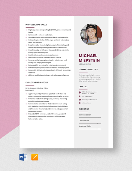 Free Medical Editor Resume Template - Word, Apple Pages