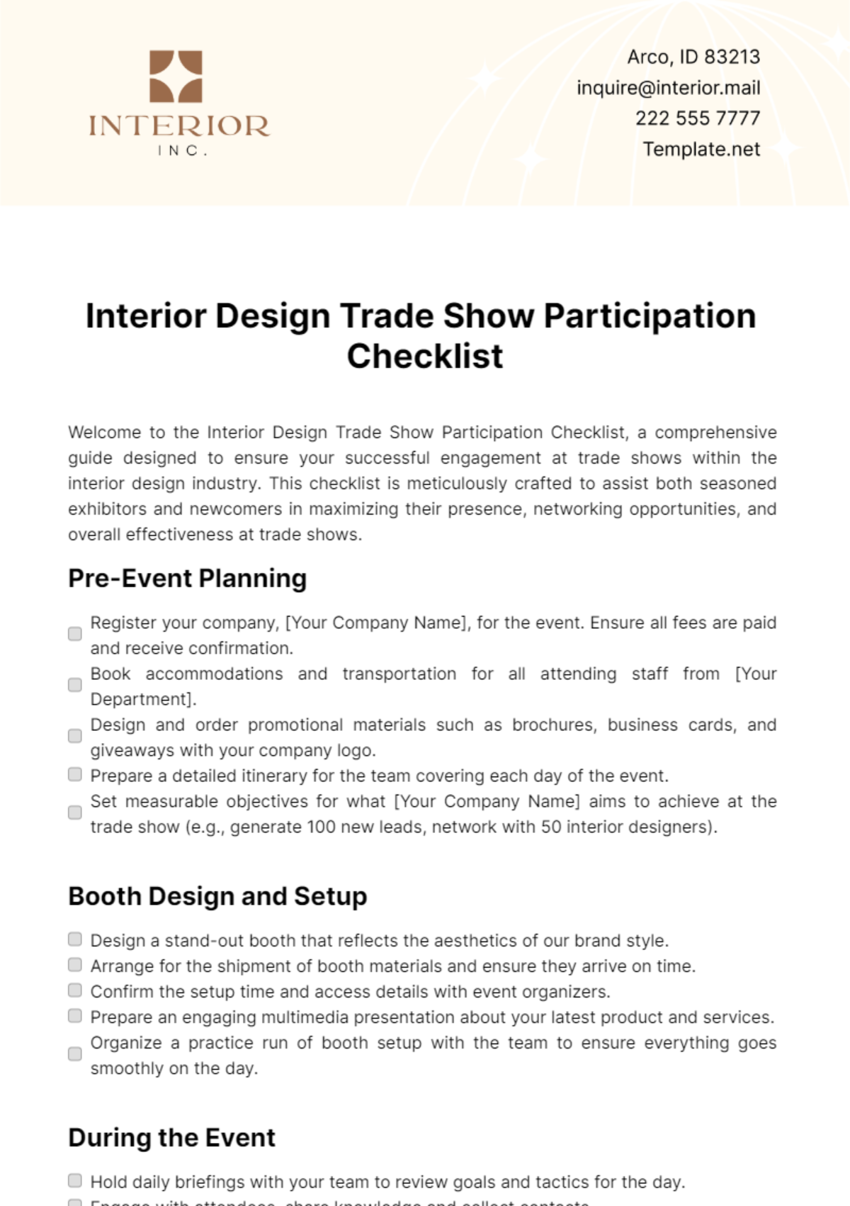 Interior Design Trade Show Participation Checklist Template - Edit Online & Download