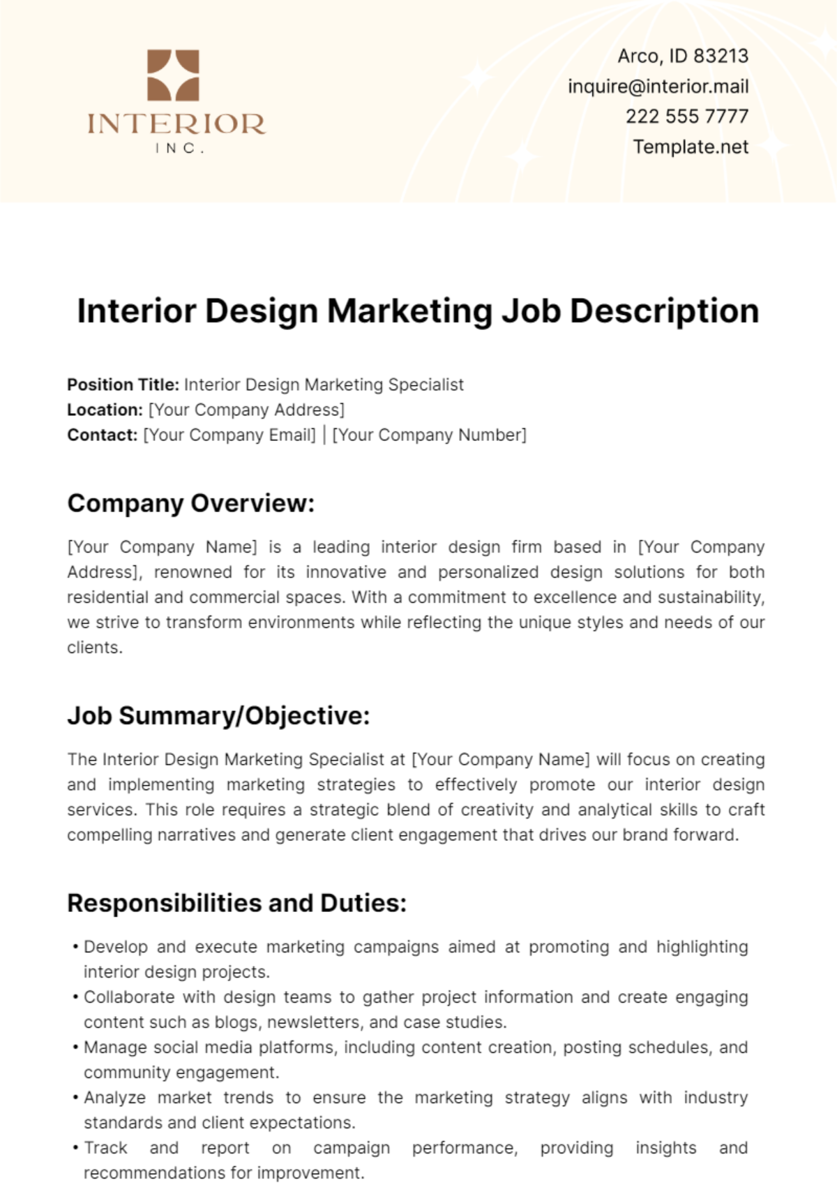 Free Interior Design Marketing Job Description Template