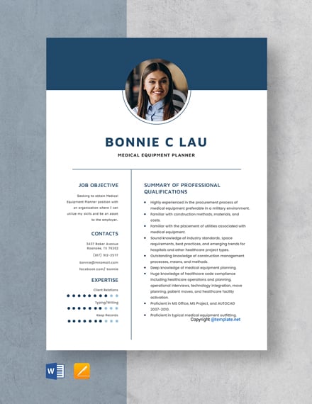 Medical Equipment Planner Resume Template - Word, Apple Pages