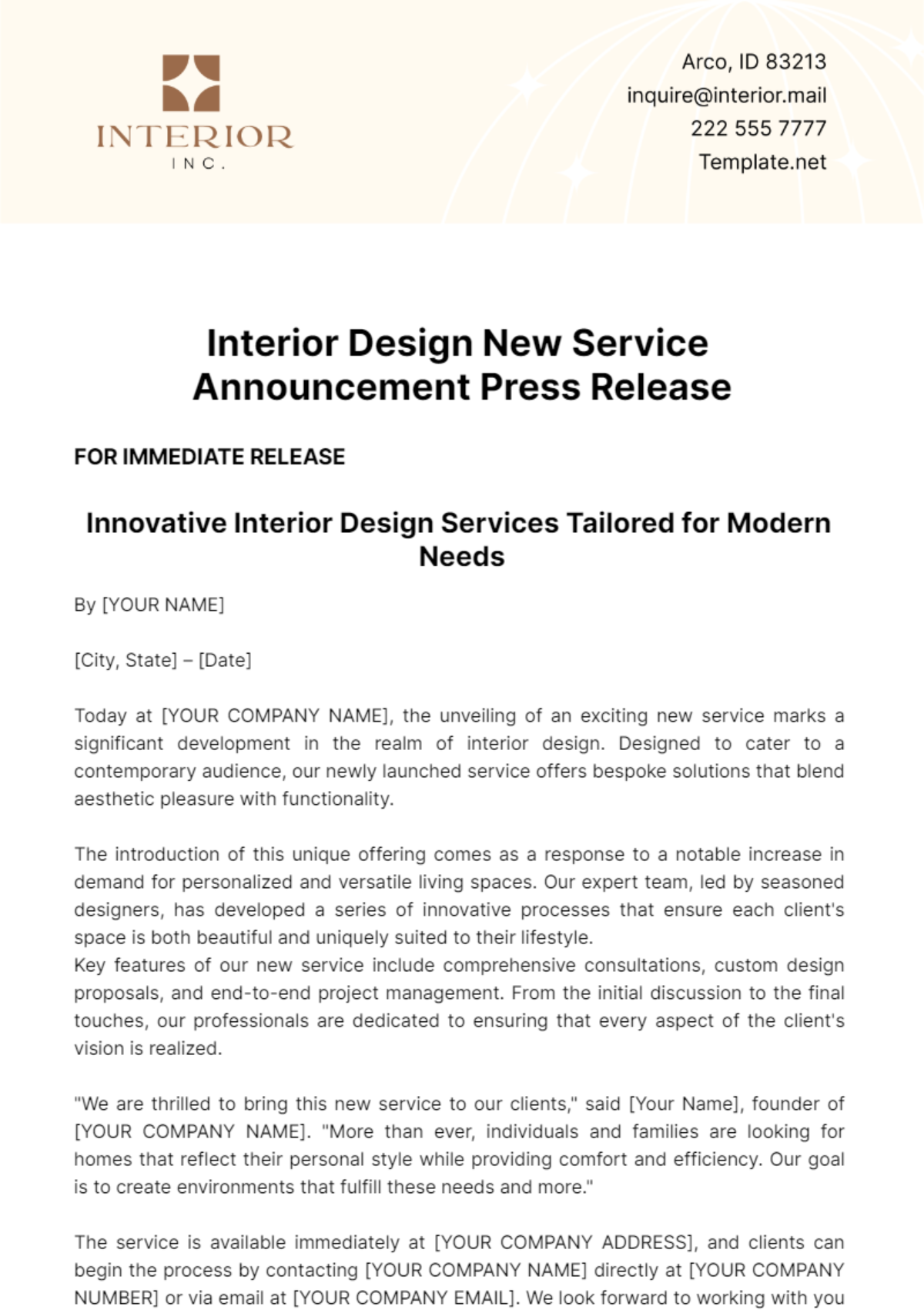 Interior Design New Service Announcement Press Release Template - Edit Online & Download