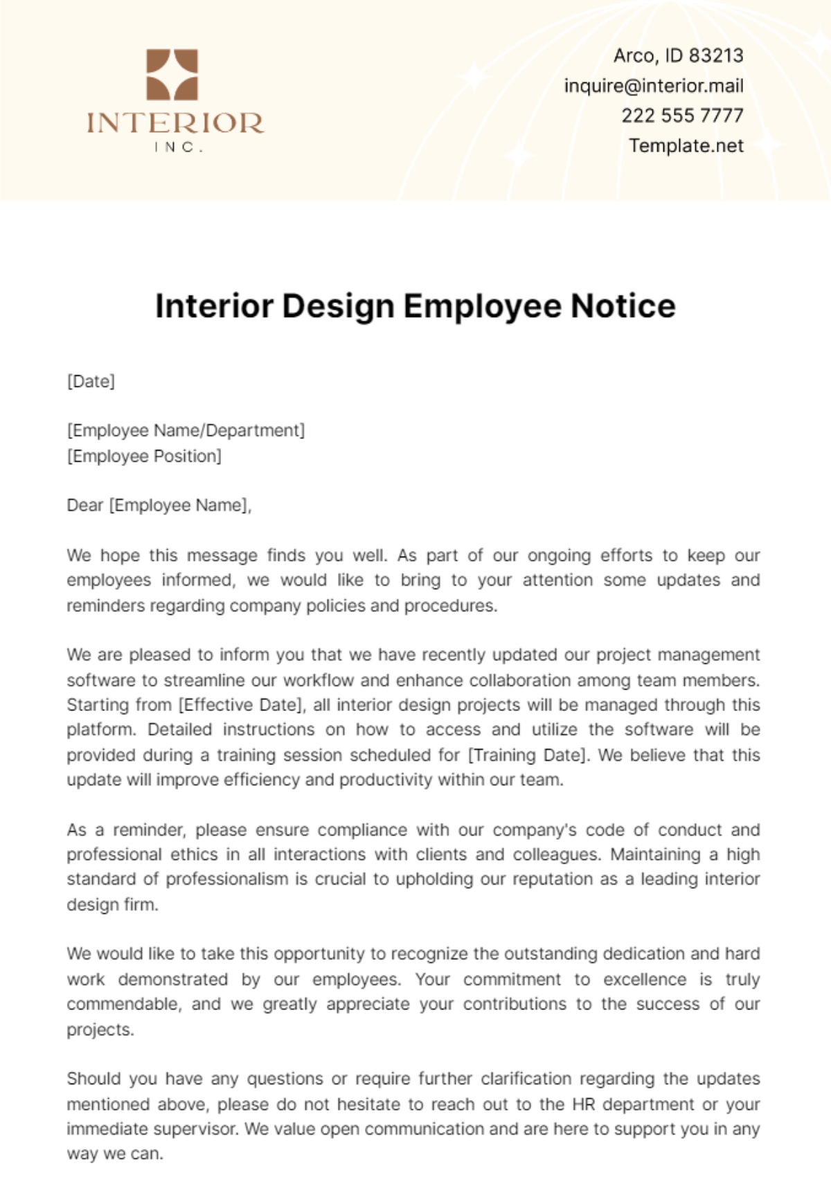 Free Interior Design Employee Notice Template