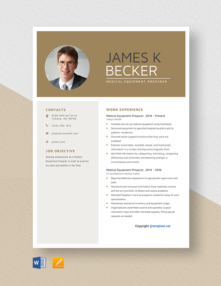 Free Medical Equipment Preparer Resume Template - Word, Apple Pages