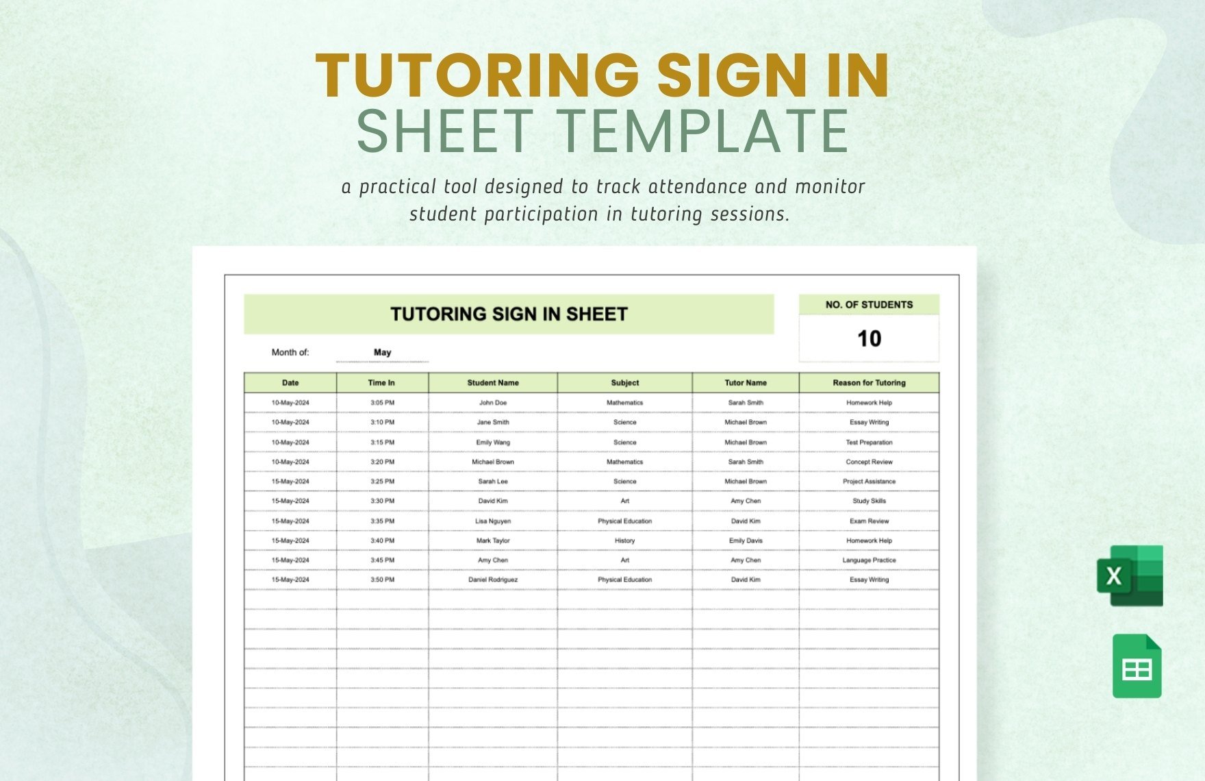 Tutoring Sign in Sheet Template in Excel, Google Sheets