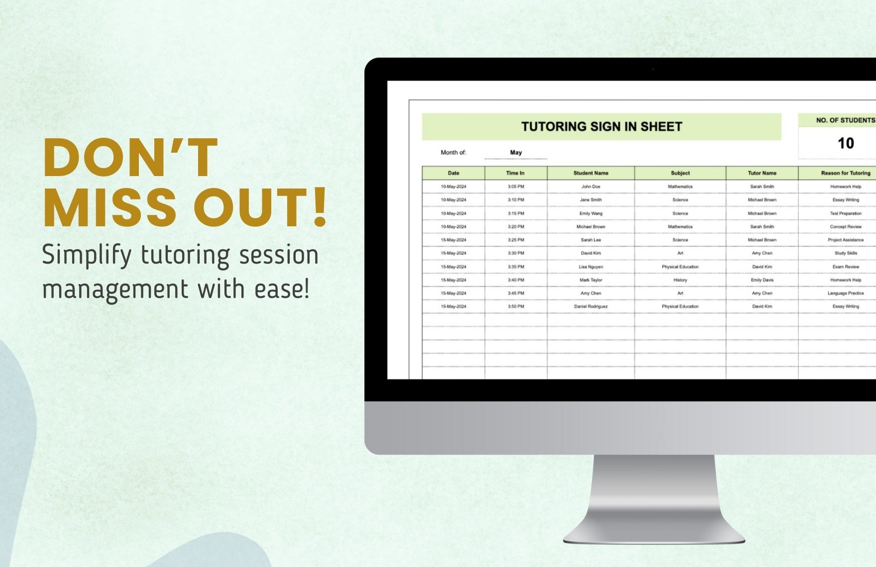 Tutoring Sign in Sheet Template