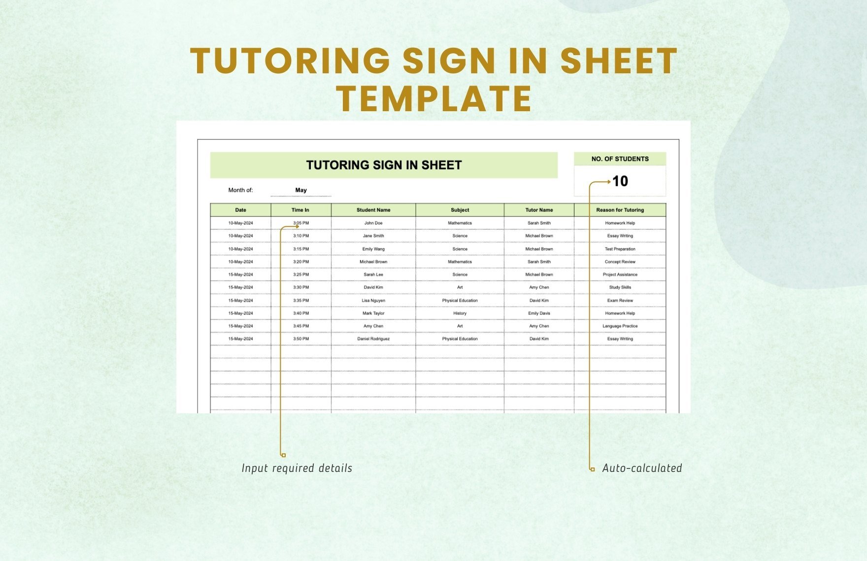 Tutoring Sign in Sheet Template