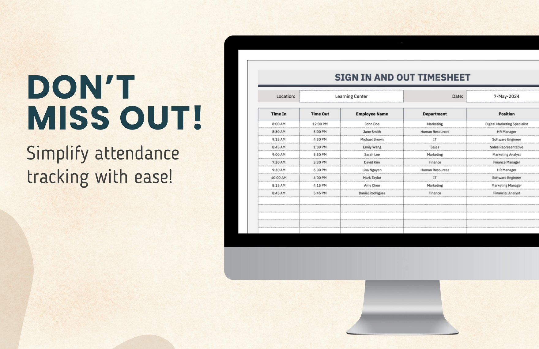 Sign in And Out Timesheet Template