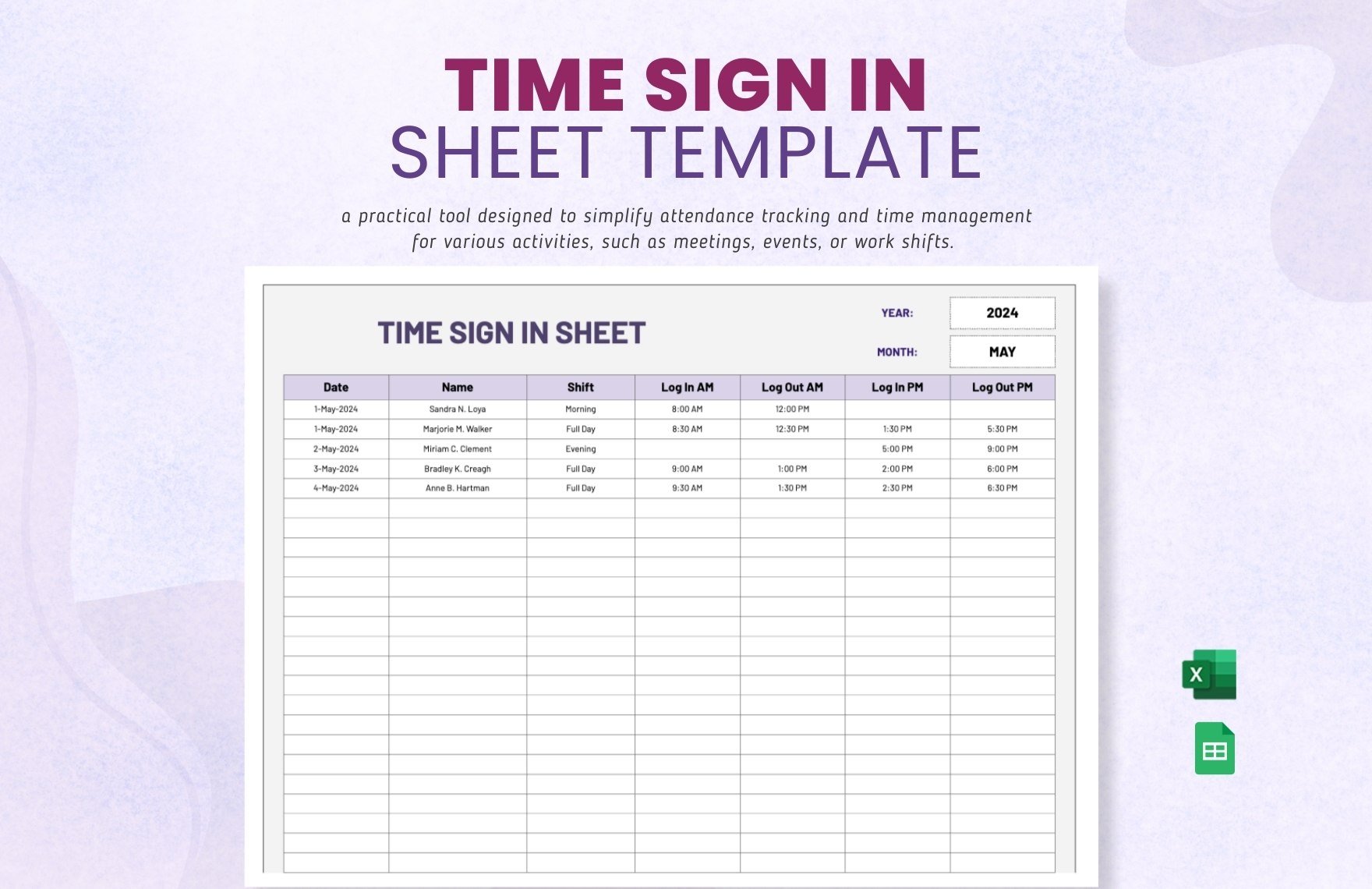 Time Sign in Sheet Template in Excel, Google Sheets