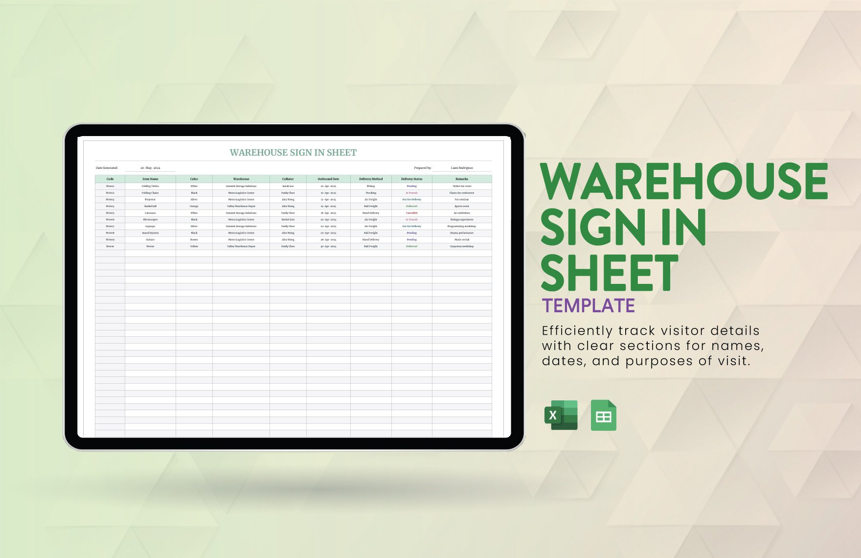 Warehouse Sign in Sheet Template in Excel, Google Sheets