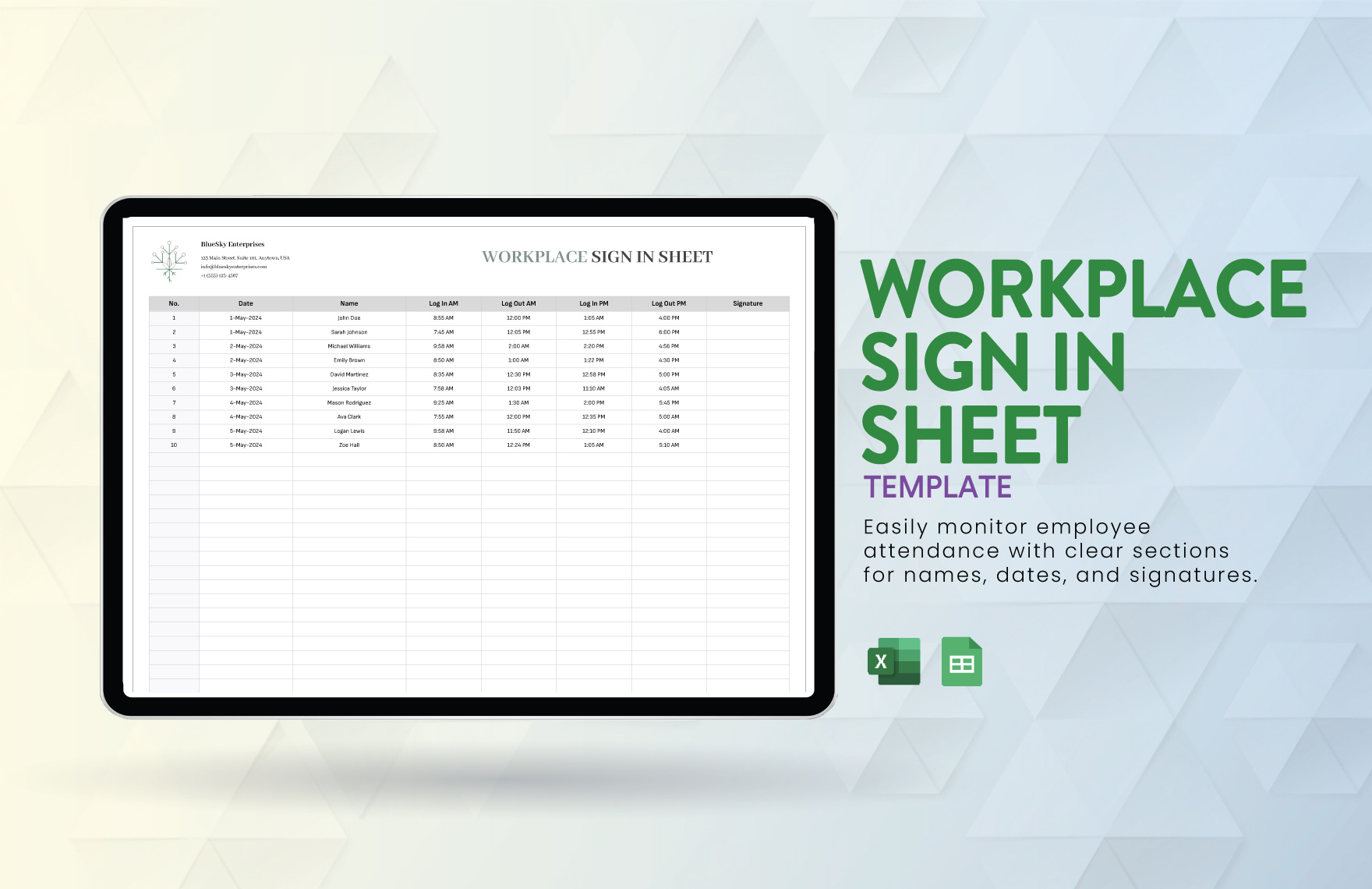 Workplace Sign in Sheet Template in Excel, Google Sheets