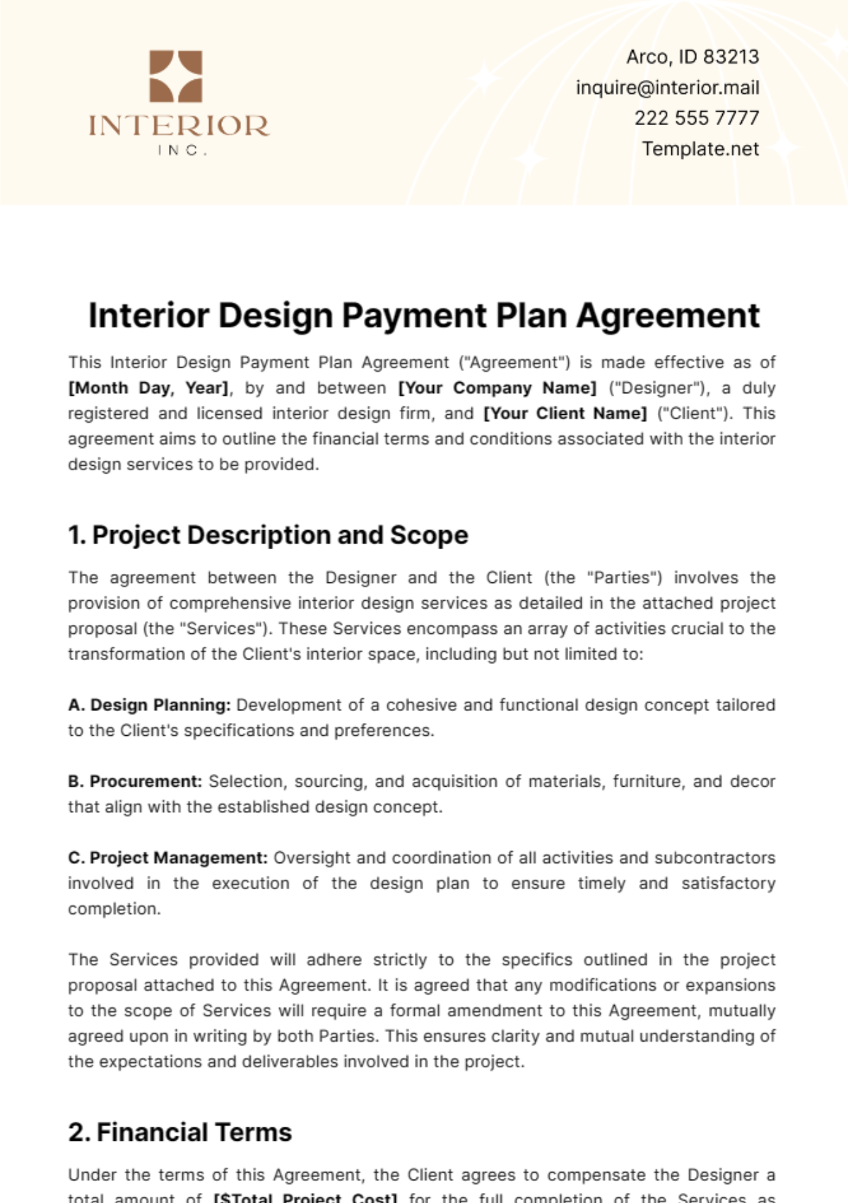 Interior Design Payment Plan Agreement Template - Edit Online & Download